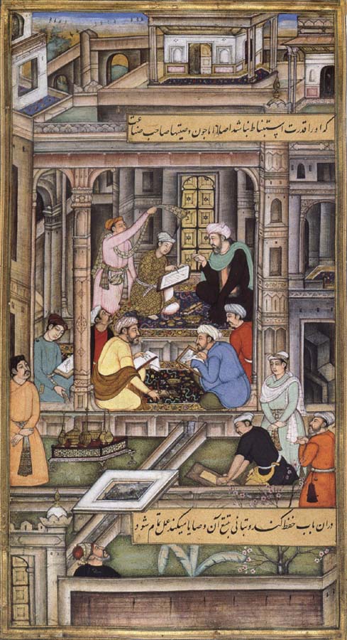 A prince learns calligraphy,while below him,a scribe and a painter work face to face